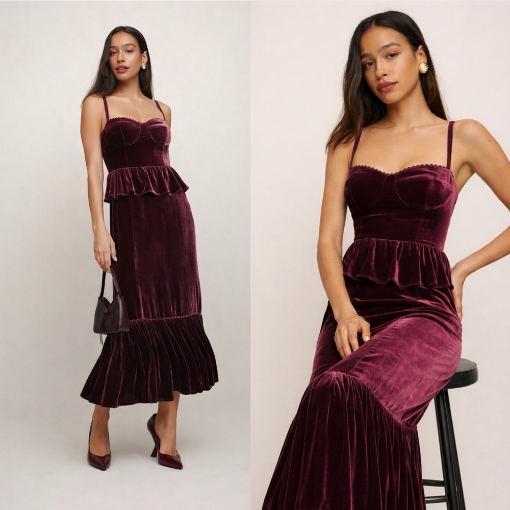 NWT reformation burgundy velvet Felda maxi dress size 8 ruffle corset tiered